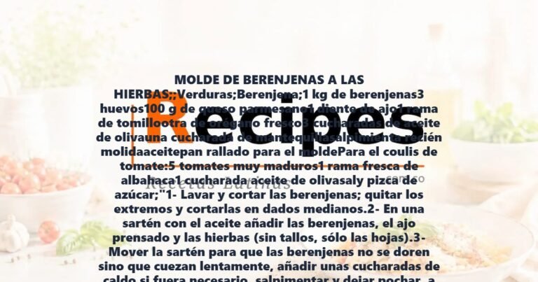 MOLDE DE BERENJENAS A LAS HIERBAS;;Verduras;Berenjena;1 kg de berenjenas3 huevos100 g de queso parmesano1 diente de ajo1 rama de tomillootra de orégano fresco3 cucharadas de aceite de olivauna cucharada de mantequillasalpimienta recién molidaaceitepan rallado para el moldePara el coulis de tomate:5 tomates muy maduros1 rama fresca de albahaca1 cucharada aceite de olivasaly pizca de azúcar;"1- Lavar y cortar las berenjenas; quitar los extremos y cortarlas en dados medianos.2- En una sartén con el aceite añadir las berenjenas, el ajo prensado y las hierbas (sin tallos, sólo las hojas).3- Mover la sartén para que las berenjenas no se doren sino que cuezan lentamente, añadir unas cucharadas de caldo si fuera necesario, salpimentar y dejar pochar, a fuego mínimo y tapado durante una 1/2 hora.4- Paso 2 Batir los huevos en un cuenco y mezclar con el queso.5- Cuando las berenjenas estén tiernas, prensarlas con un pasapurés, y dejar entibiar un poco.6- Encender el horno a 200 °C.7- Engrasar un molde redondo (de base pequeña y alto preferiblemente) con mantequilla y espolvorear de pan rallado.8- Mezclar el puré de berenjenas con los huevos, uniendo bien la mezcla