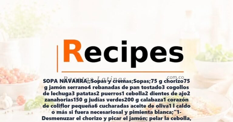 SOPA NAVARRA;;Sopas y cremas;Sopas;75 g chorizo75 g jamón serrano4 rebanadas de pan tostado3 cogollos de lechuga3 patatas2 puerros1 cebolla2 dientes de ajo2 zanahorias150 g judías verdes200 g calabaza1 corazón de coliflor pequeña6 cucharadas aceite de oliva1 l caldo o más si fuera necesariosal y pimienta blanca;"1- Desmenuzar el chorizo y picar el jamón; pelar la cebolla, la patata, el puerro, el ajo, la zanahoria y la calabaza