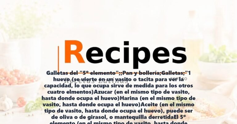 Galletas del "5º elemento";;Pan y bollería;Galletas;"1 huevo (se vierte en un vasito o tacita para ver la capacidad, lo que ocupa sirve de medida para los otros cuatro elmentos)Azucar (en el mismo tipo de vasito, hasta donde ocupa el huevo)Harina (en el mismo tipo de vasito, hasta donde ocupa el huevo)Aceite (en el mismo tipo de vasito, hasta donde ocupa el huevo), puede ser de oliva o de girasol, o mantequilla derretidaEl 5º elemento (en el mismo tipo de vasito, hasta donde ocupa el huevo):Este 5º elemento puede ser casi cualquier cosa