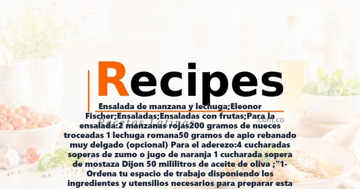 Ensalada de manzana y lechuga;Eleonor Fischer;Ensaladas;Ensaladas con frutas;Para la ensalada:2 manzanas rojas200 gramos de nueces troceadas 1 lechuga romana50 gramos de apio rebanado muy delgado (opcional) Para el aderezo:4 cucharadas soperas de zumo o jugo de naranja 1 cucharada sopera de mostaza Dijon 50 mililitros de aceite de oliva ;"1- Ordena tu espacio de trabajo disponiendo los ingredientes y utensilios necesarios para preparar esta exquisita receta. Así, lava muy bien la lechuga, separa las hojas y córtalas si es necesario. Luego, corta el apio en rodajas muy delgadas